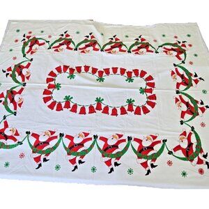 Vintage Tablecloth Christmas Dancing Santa 1950s 60s Mid Century